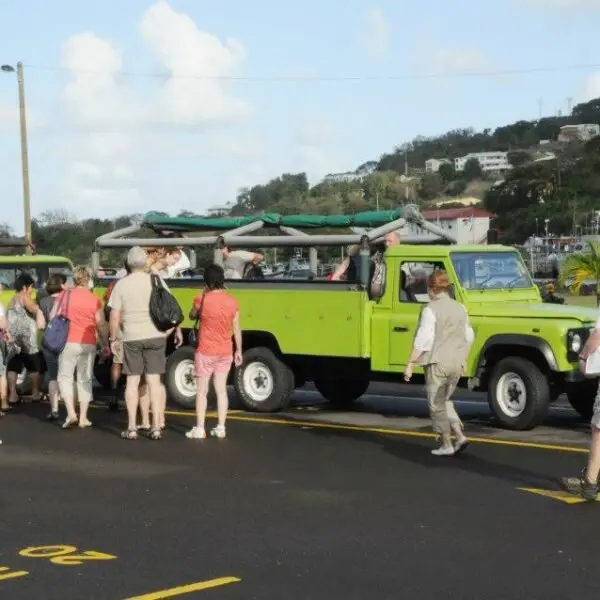 Guests beside a safari vehicle